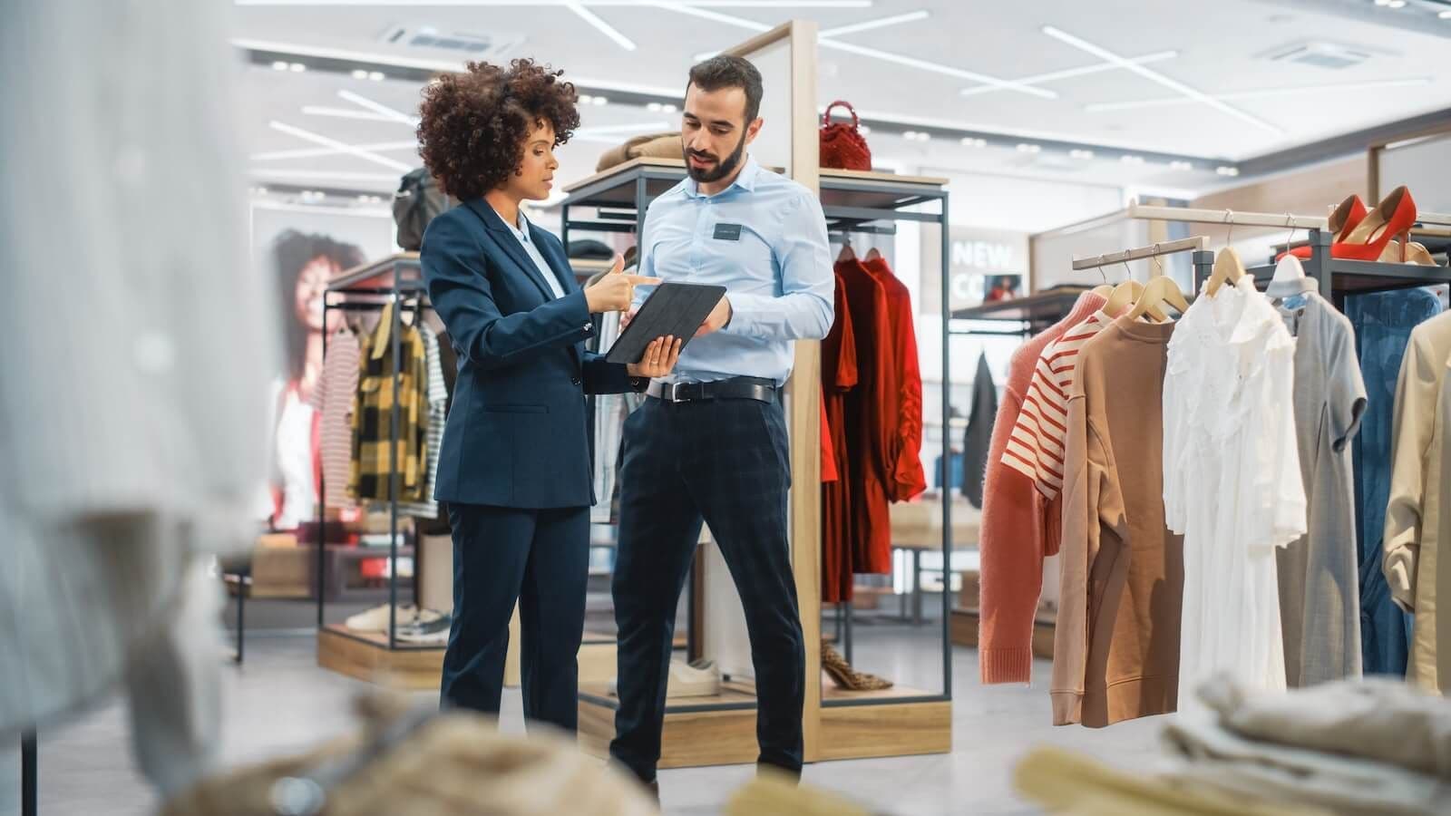 A retail fashion store manager showing a tablet with PhotoCircle to an employee in a professional setting.