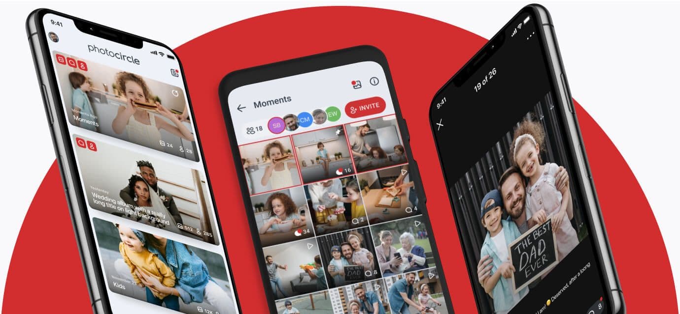 PhotoCircle app interface displayed on three smartphones, showcasing moments and shared photos in a safe and organized layout, with a red circular background.